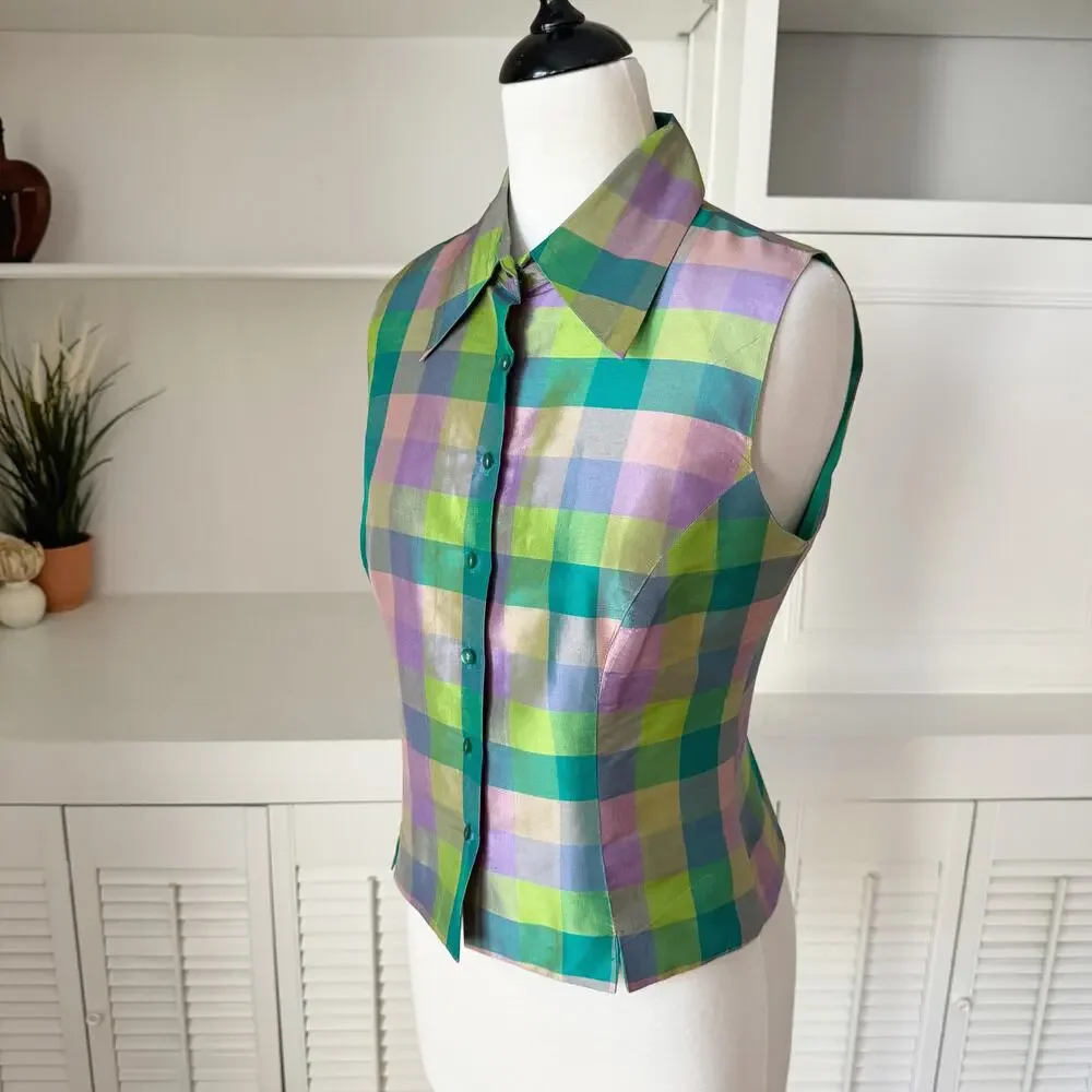 Vintage Halston Checkered Plaid Silk Taffeta Sleeveless Blouse Size S - Picture 1 of 6